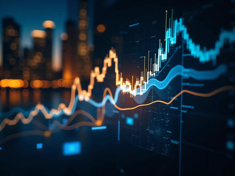 Futuristic financial data graph glowing on digital screen interface with abstract city lights background, ideal for finance technology, stock analytics, cryptocurrency, and smart data concept visuals - Powered by Adobe
