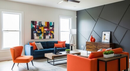 Bright Interior Featuring Blue Sofa, Orange Armchairs, and Abstract Art