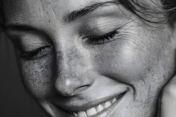 Black and white close up portrait of a woman laughing with eyes closed