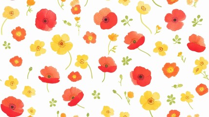 Cute seamless pattern with red and yellow poppies in doodle style, perfect for fabric, wrapping paper, and wallpaper.