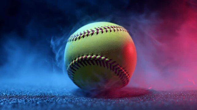 Bright yellow softball with red stitching, resting on a textured surface, surrounded by colorful smoke in shades of blue and red, creating a dynamic and energetic sports atmosphere