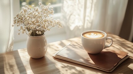 Cozy autumn morning with coffee, notebook, and dried flowers by the window