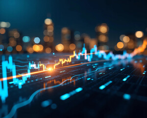 Futuristic financial data graph glowing on digital screen interface with abstract city lights background, ideal for finance technology, stock analytics, cryptocurrency, and smart data concept visuals