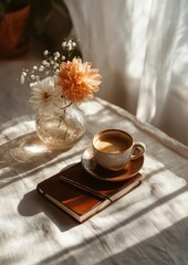 Cozy morning scene with coffee cup, notebook, and white flowers in vase by the window
