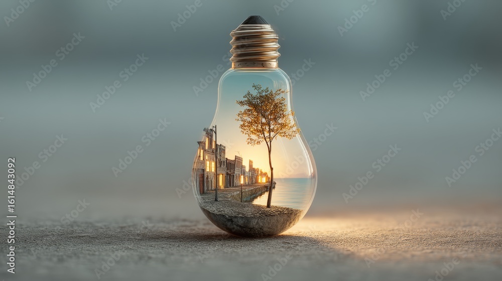Poster a light bulb contains a miniature scene of a tree by the sea with buildings in the background during