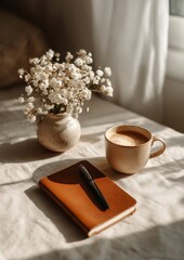 Cozy Morning Scene with Coffee Cup, Notebook, and Flowers in Warm Natural Light