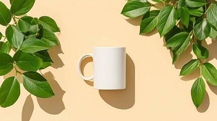 Top View of Minimal Workspace with Coffee Mug, Laptop, and Green Potted Plant

