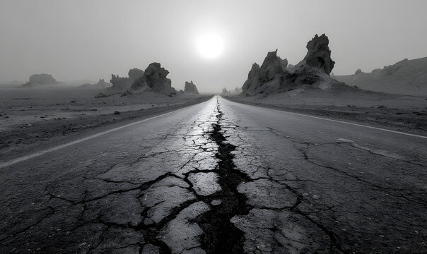 Fractured Asphalt Road in the Heart of the Lut Desert, Surrounded by a Somber