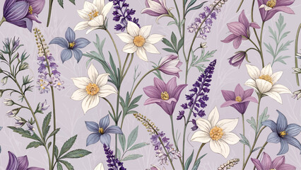 Naklejka premium Seamless floral pattern, high resolution Alpine Flower pattern, pastel purple background, designed for printing on fabric or fashion.