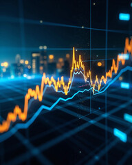 Futuristic financial data graph glowing on digital screen interface with abstract city lights background, ideal for finance technology, stock analytics, cryptocurrency, and smart data concept visuals