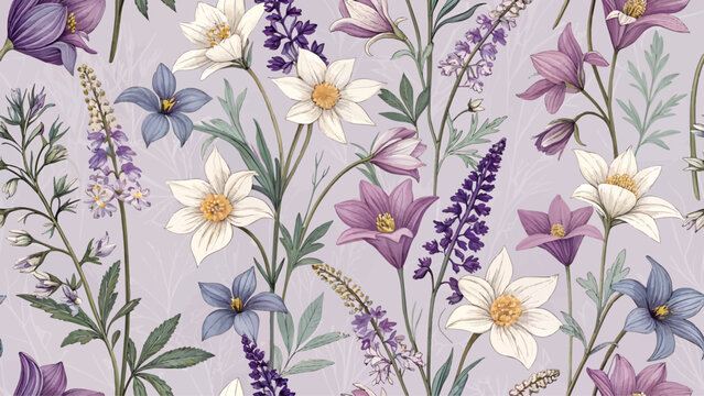 Fototapeta Seamless floral pattern, high resolution Alpine Flower pattern, pastel purple background, designed for printing on fabric or fashion.