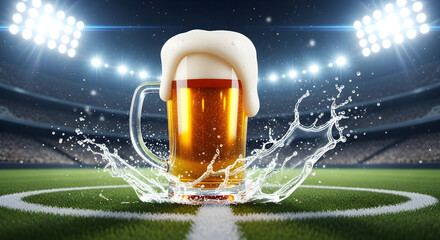 A towering glass stein of crisp pale lager standing on a vibrant soccer pitch. Banner concept for World Cup sponsorship and sports event beer advertising with ample copyspace.