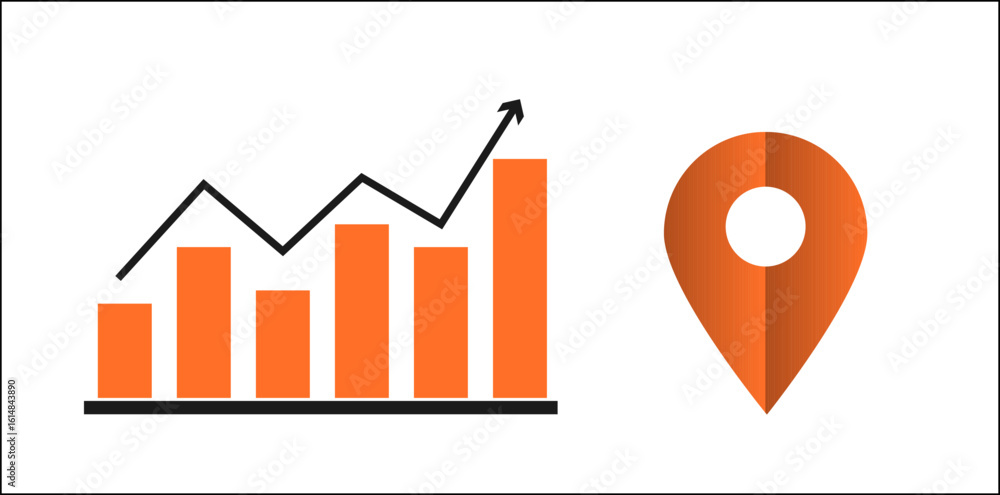 Poster location analytics, bar chart with upward growth and map pin icon vector showing business performanc