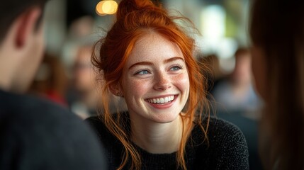 Happy colleagues laughing together in a team-building company workshop. Positive and inclusive diverse workplace. Young ginger female employee socializing with coworkers, Generative AI