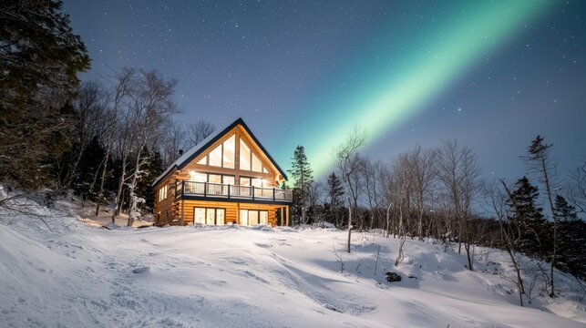 Aurora borealis framing a rustic log cabin, with enough space for promotional content,
