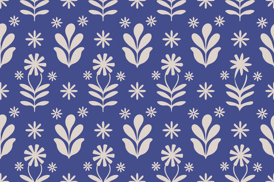 Fototapeta Scandinavian folk art floral seamless vector pattern on blue background