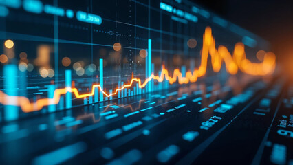 Futuristic financial data graph glowing on digital screen interface with abstract city lights background, ideal for finance technology, stock analytics, cryptocurrency, and smart data concept visuals
