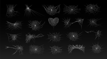 Halloween old spooky cobweb with various sizes and shapes. Old spider web set vector illustration dark gothic decoration for holidays. Corner spider net insect thread cobweb scary frames.