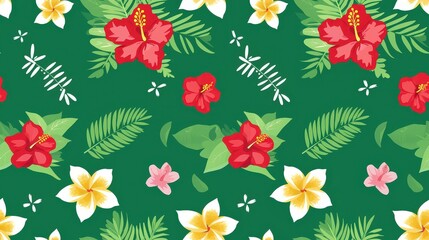 Flat design seamless Hawaii floral pattern featuring vibrant tropical flowers and lush green leaves, arranged in a repeating vector-style layout with bright, cheerful colors.