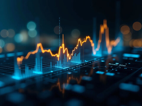 Futuristic financial data graph glowing on digital screen interface with abstract city lights background, ideal for finance technology, stock analytics, cryptocurrency, and smart data concept visuals - Powered by Adobe