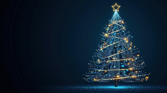 Futuristic digital Christmas tree with glowing circuits in a holiday tech theme, bright blue palette with silver and gold sparkles.