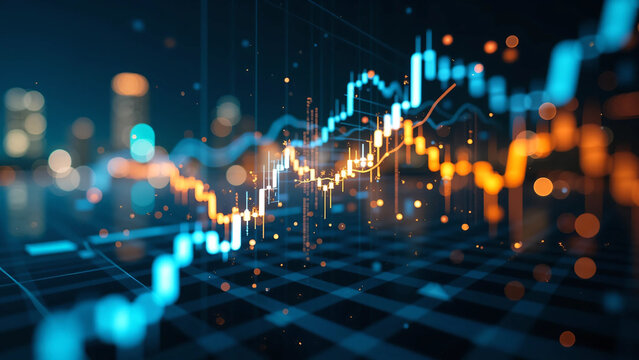 Futuristic financial data graph glowing on digital screen interface with abstract city lights background, ideal for finance technology, stock analytics, cryptocurrency, and smart data concept visuals - Powered by Adobe