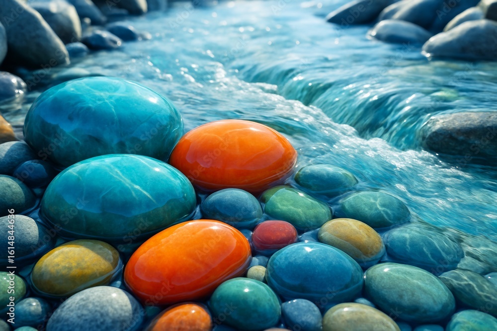 Poster colorful glossy stones in shallow stream with flowing water and soft light, natural abstract landsca