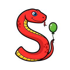 Naklejka premium A cheerful serpent shaped like the letter S holds a green balloon creating a playful and whimsical illustration.