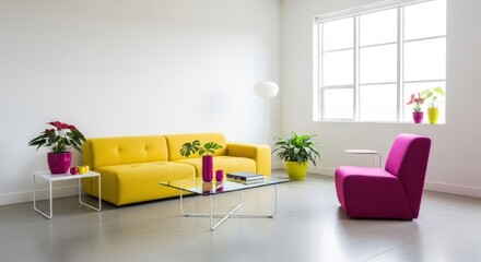 Bright Contemporary Living Room Featuring a Yellow Sofa, Pink Chair, and Glass Table with Plants and Books in a Modern Interior