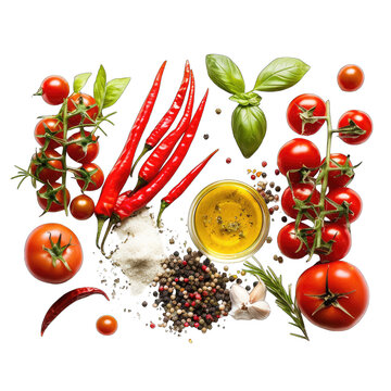 Colorful array of fresh vegetables and herbs, including vibrant red chili peppers, tomatoes, basil, and spices