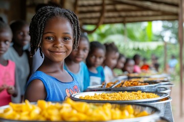 Schoolchildren standing in line at a school cafeteria, eagerly receiving lunch as part of a vibrant school community, Generative AI