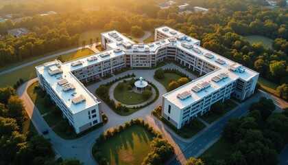 Aerial view of modern hospital complex with multiple connected wings, set in green trees. Expansive campus features contemporary architecture, white facades, central circular driveway leading to