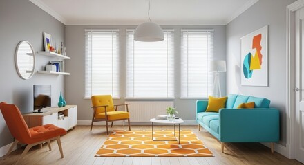 Bright Living Room Featuring Modern Furniture, Including a Turquoise Sofa, Yellow Armchair