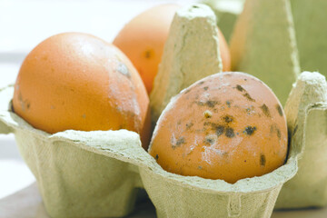Moldy eggs with visible fungal contamination in eco-friendly carton. Close-up of expired and unsafe...