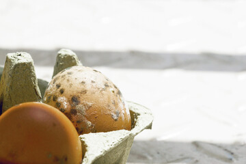 Spoiled brown eggs with mold inside eco-friendly packaging. Image illustrating global food waste,...
