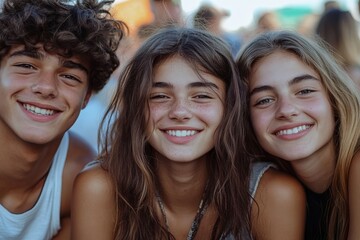 Group of young friends sitting together at a summer festival, enjoying a relaxed social experience outdoors, Generative AI