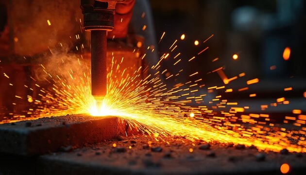 Molten metal sparks fly from intense heat during metalworking process. Craftsman shapes steel or aluminum with glowing tools in workshop, showing industrial skill and fiery artistry. - Powered by Adobe