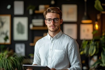 Portrait of a young businessman standing in an office, working on a tablet and showcasing professional productivity in a modern workspace, Generative AI