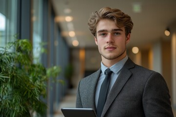 Portrait of a young businessman standing in an office, working on a tablet and showcasing professional productivity in a modern workspace, Generative AI