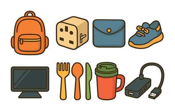 Digital Nomad Essentials. Flat vector mini-illustrations of digital nomad packing list in colors children's