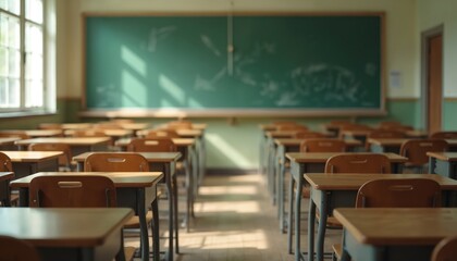 Empty school classroom with rows of wooden desks, chairs neatly arranged. Sunlight streams through window, casting shadows on floor, illuminating green chalkboard on wall. Quiet, desolate atmosphere