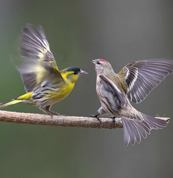 Eurasian siskin feeding its chick on a branch