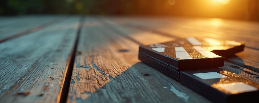 Film clapperboard resting on weathered wooden planks at sunset. Golden hour light illuminates clapper. Cinema production equipment signifies movie making start. Movie industry prop used for scene