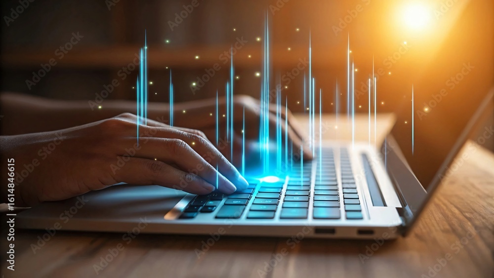 Poster hands typing on laptop with digital data streams keyboard