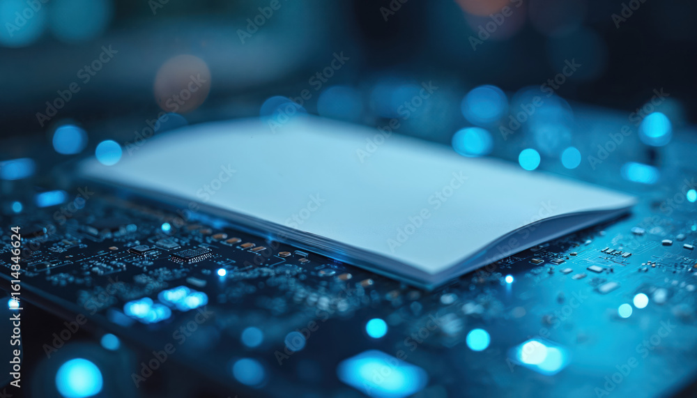 Poster abstract image of white document on computer circuit board with glowing blue lights. background is b