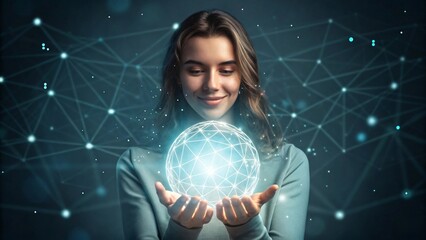 Young woman holding glowing sphere digital technology