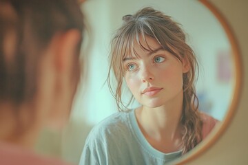 Teenage girl gazing into the mirror in her room, reflecting on personal growth and self-awareness, Generative AI