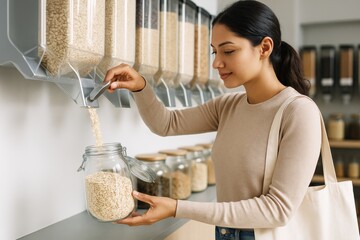 Woman filling glass jar with rice from bulk dispenser in zero waste store, practicing sustainable shopping with reusable bag in minimalist space. Ai generative