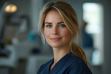 Portrait of a dental assistant in a modern dental surgery, looking confidently at the camera while providing support in a clinical environment, Generative AI