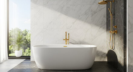 White freestanding bathtub, gold shower faucet in sunlight from window on marble tile wall bathroom for luxury interior design decoration, product background 3D